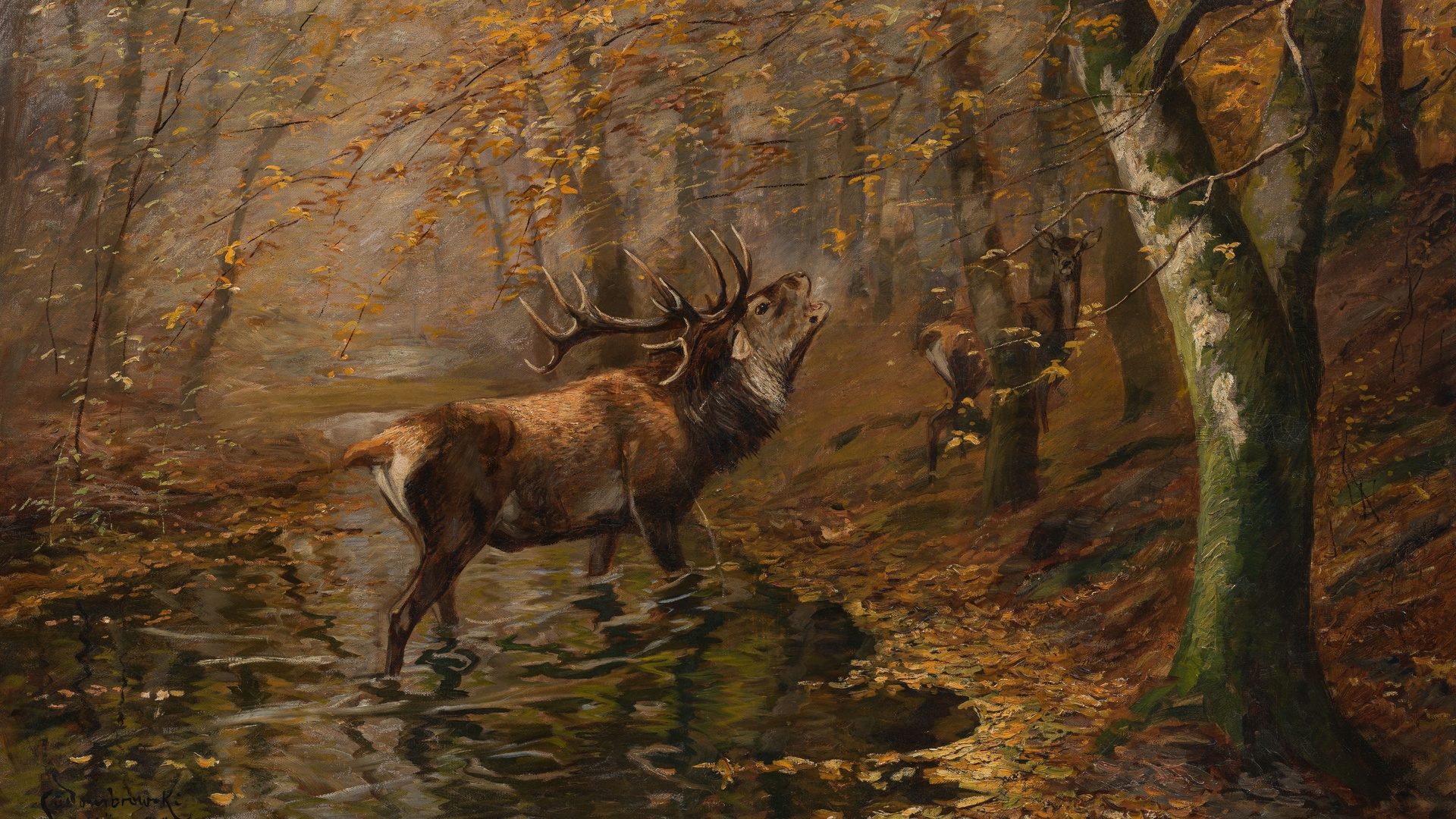carl ritter von dombrowski, 1907, roaring deer in the riparian forest