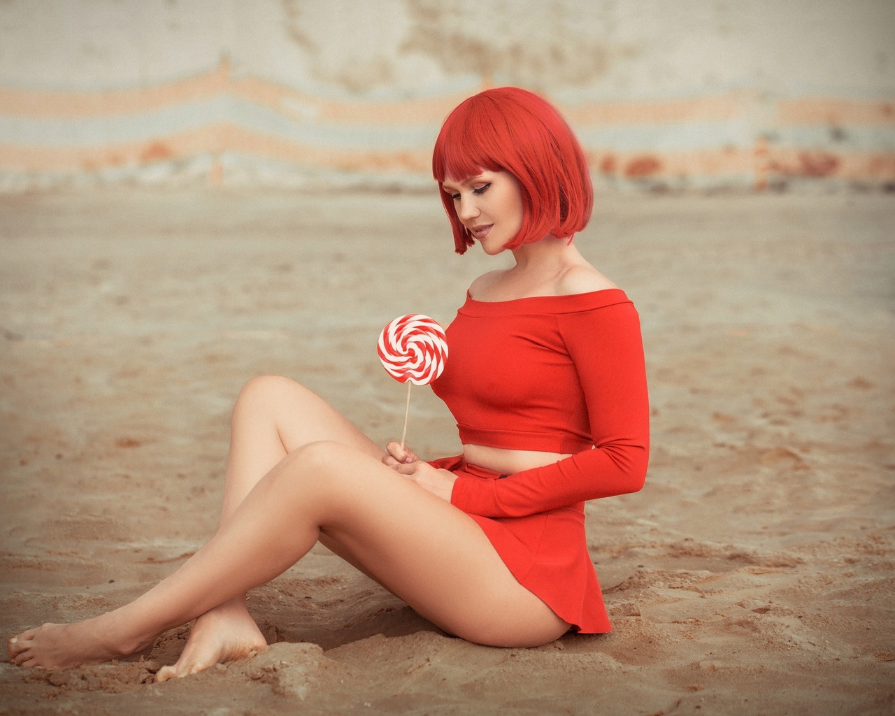 , stanislav maximov, outdoors, model, ass, red miniskirt, lollipop, redhead, makeup, sitting, red clothing