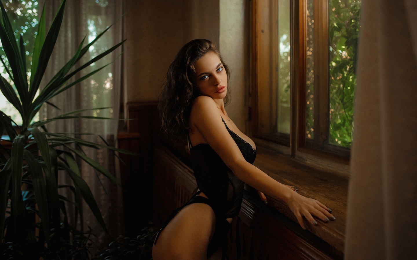 by the window, cleavage, , brunette, women indoors, black lingerie, model, black panties, ass, plants, tattoo, gray nails, window