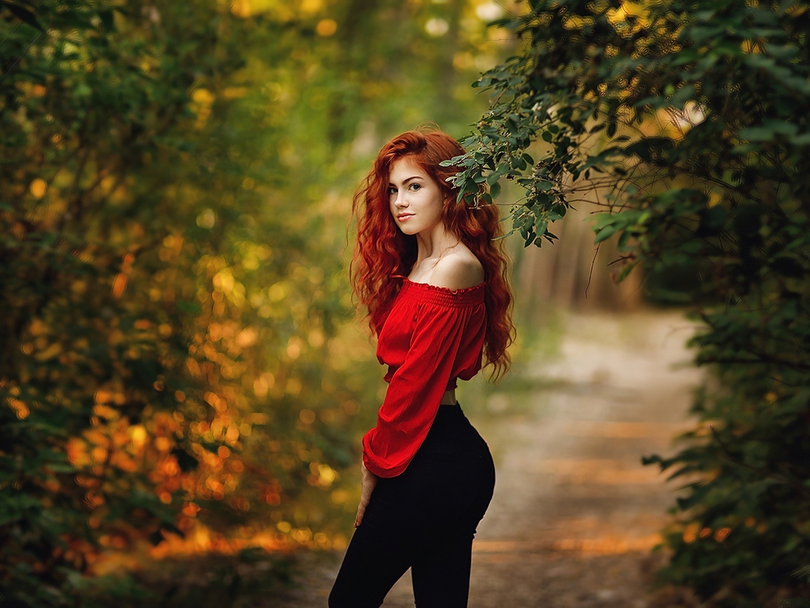 , forest, redhead, nature, black jeans, blouse, model, trees, women outdoors, red blouse, black pants, looking at viewer