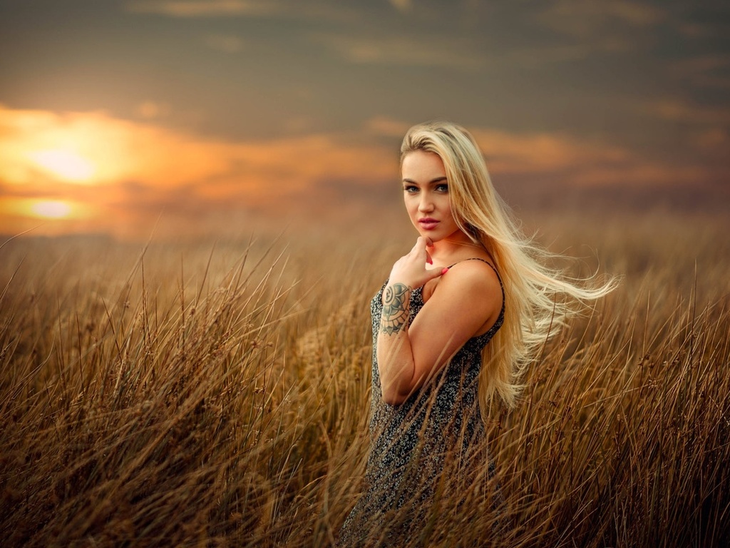 blonde, outdoors, sunset, field, model, long hair, dress, tattoo