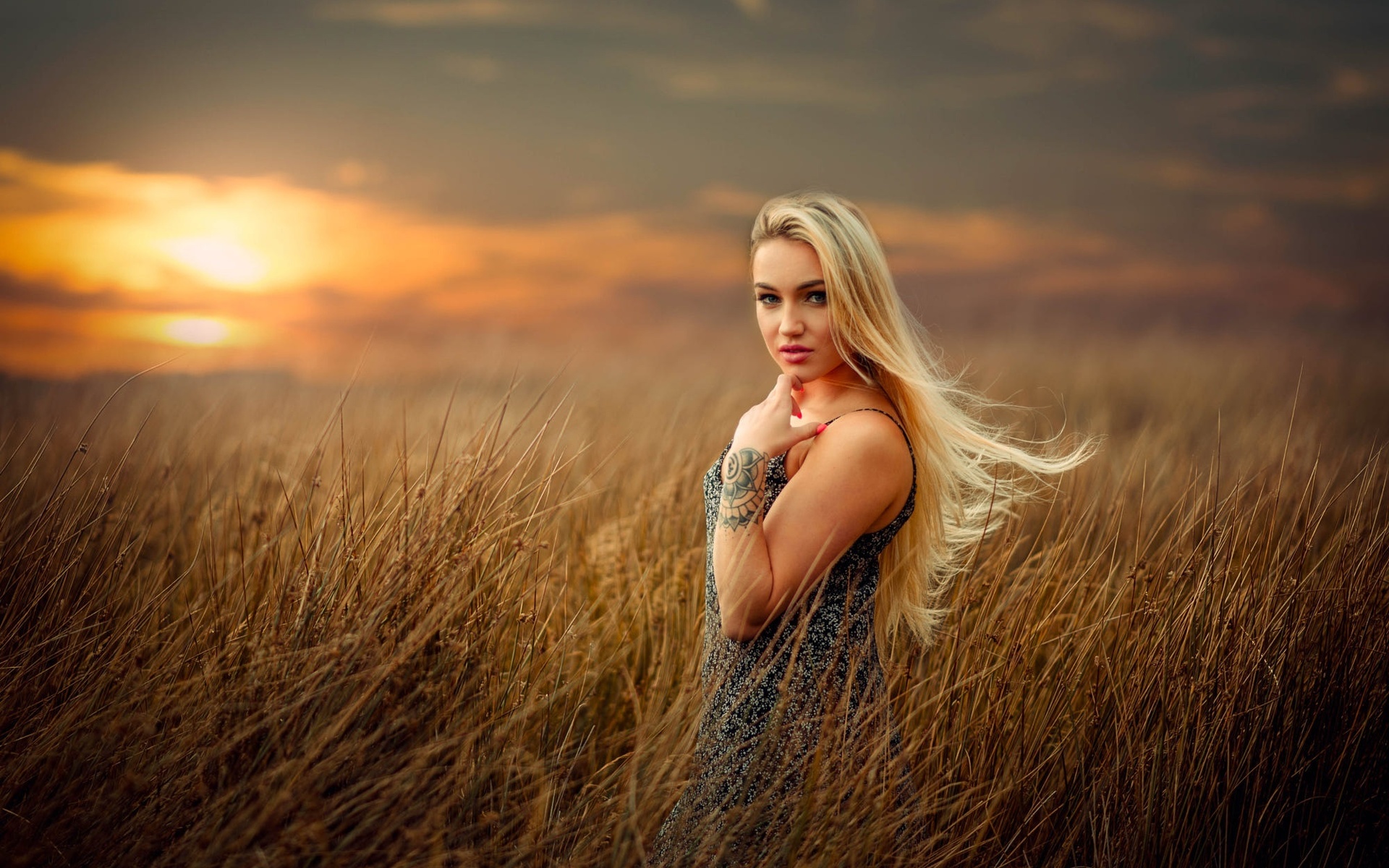 blonde, outdoors, sunset, field, model, long hair, dress, tattoo