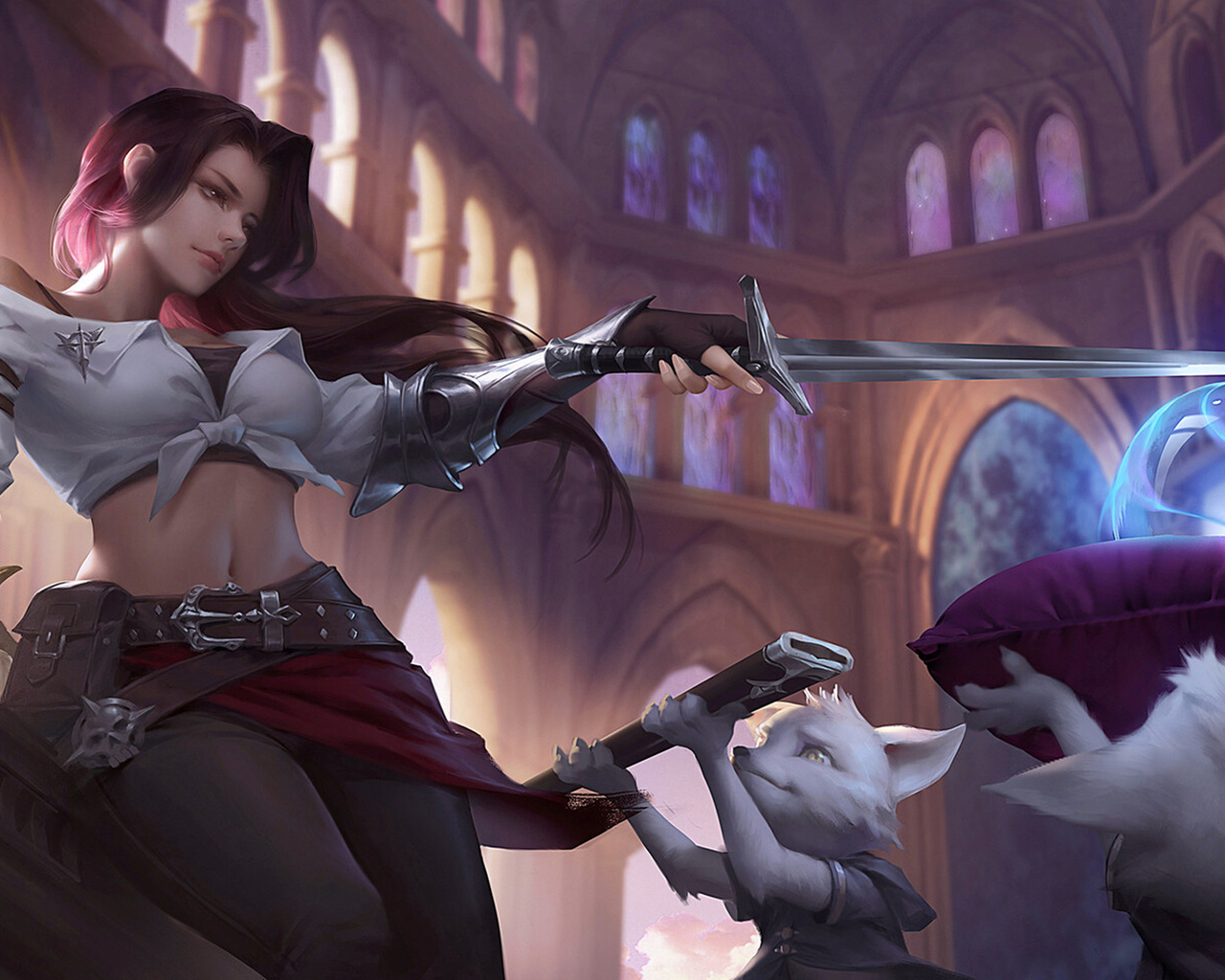 brunette, women, concept art, fox, digital art, anime girls, sword, shirt, leather pants, white shirt, short tops, animals