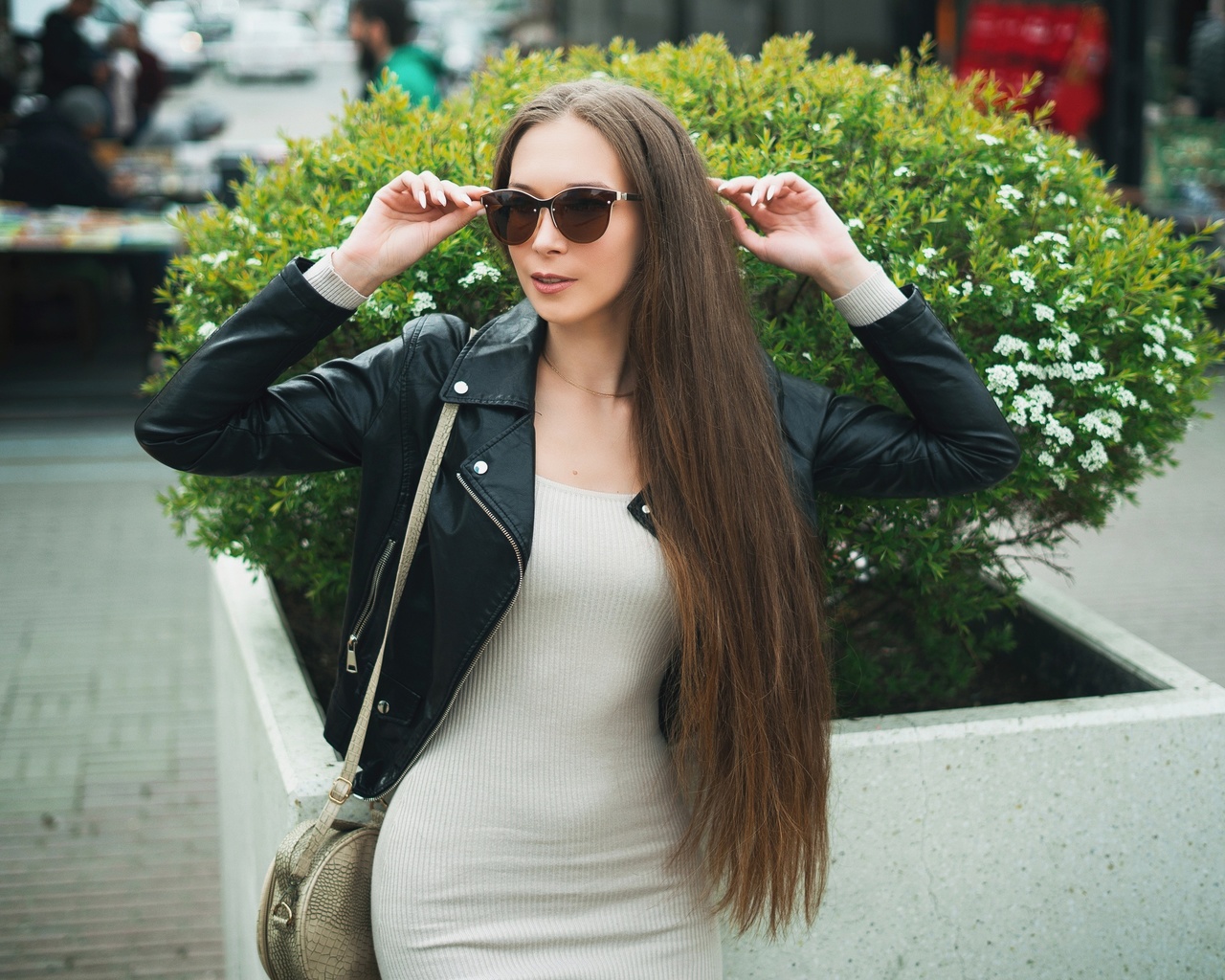 robert zazin, public, model, women outdoors, leather jacket, white dress, , brunette, urban, people, sunglasses, women with glasses