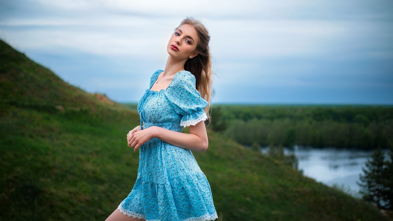 dmitry shulgin, model, women outdoors, nature, sky, blonde, clouds, grass, red lipstick, blue dress, summer dress