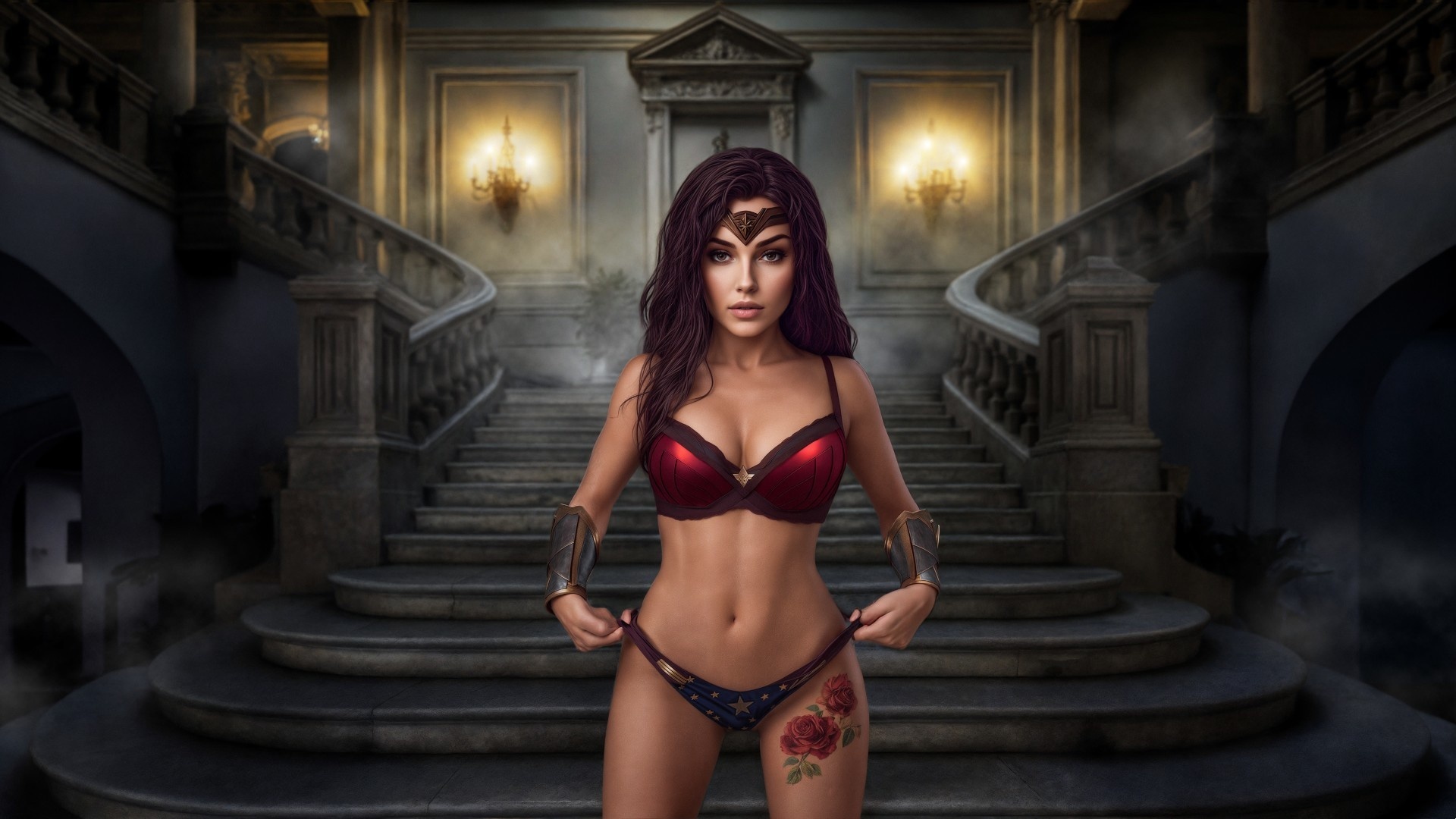 kalinka fox, cosplay, sexy, wonder woman, brunette, tattoo