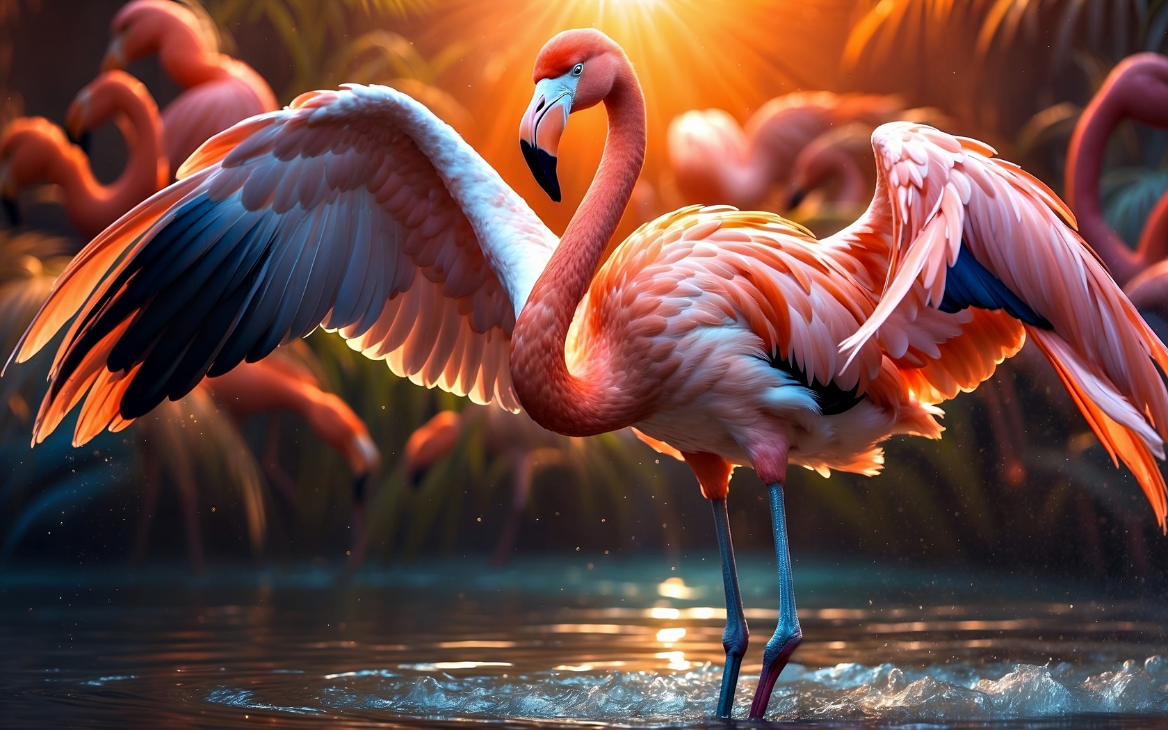 ave, flamingo, colorido, natureza