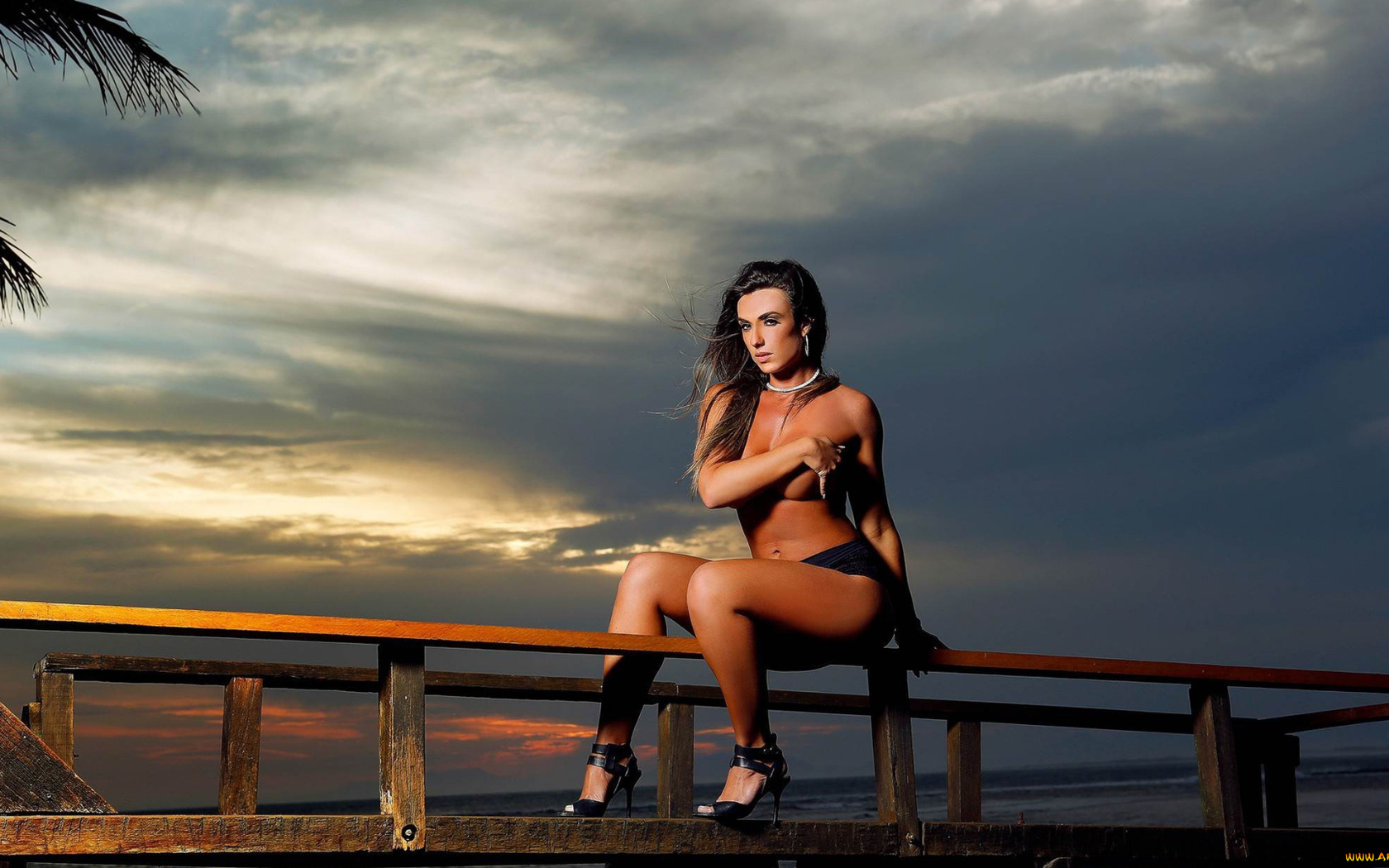 nicole bahls, topless, model, sexy, dock, outdoors, heels, necklace, babe