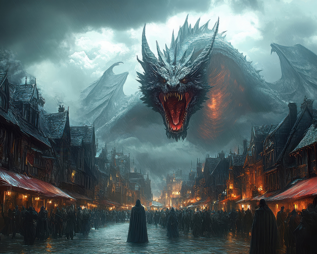 ai, art digital, dragon, cidade, noite