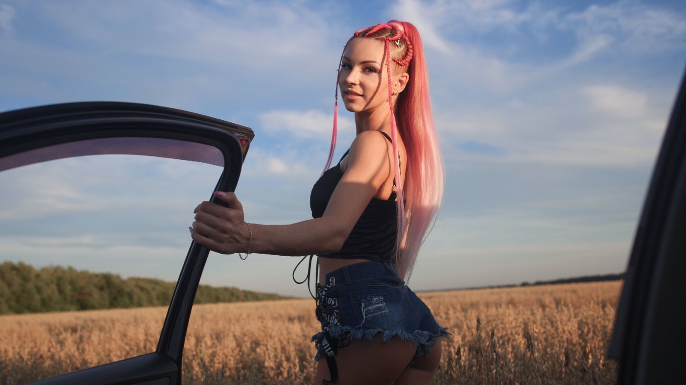 women with cars, field, black top, ass, model, women outdoors, sky, trees, , rear view, redhead, nature, , pink hair, jean shorts, women, smiling