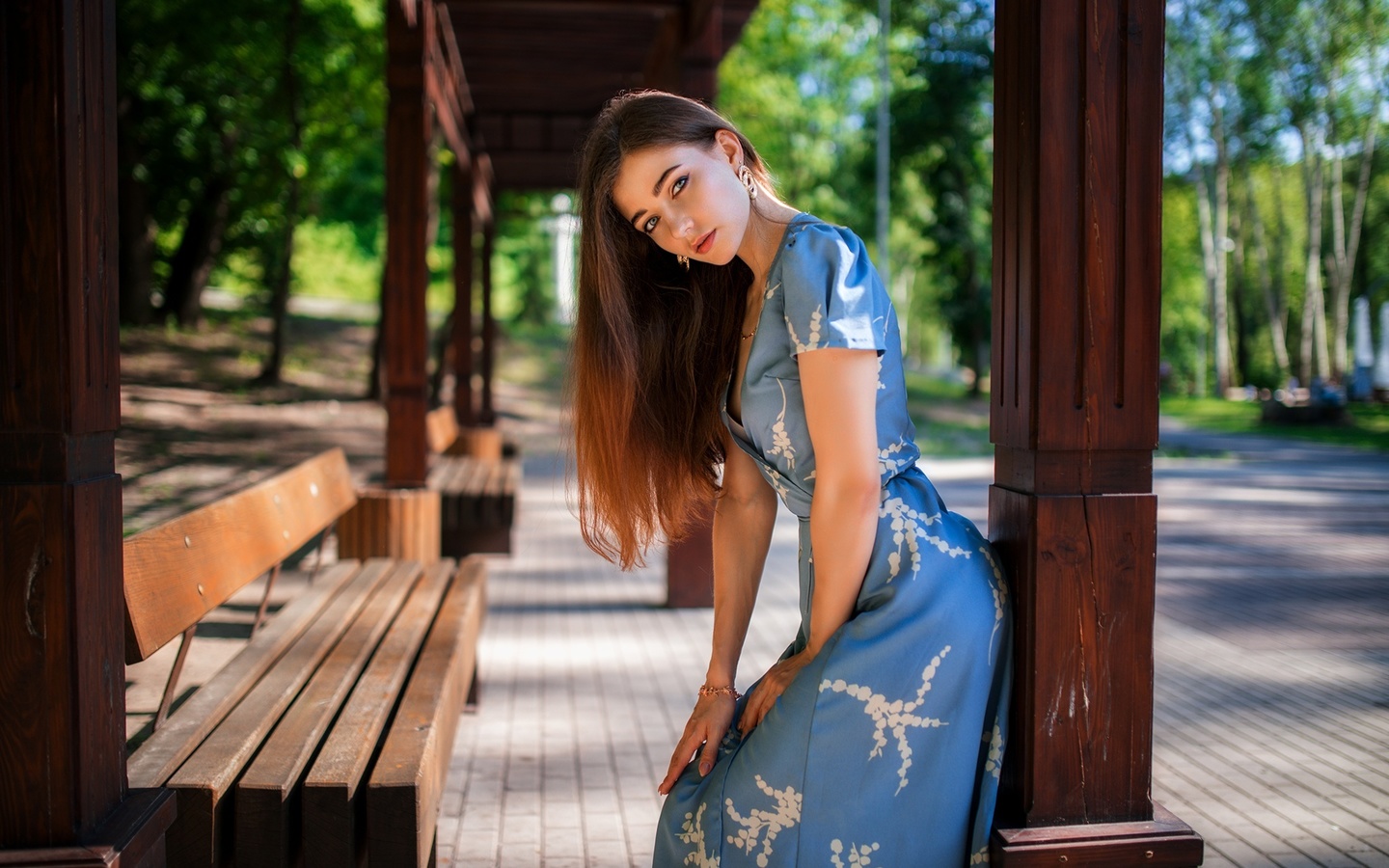 dmitry shulgin, long hair, model, blue dress, , women outdoors, women, trees, nature, , brunette, bench
