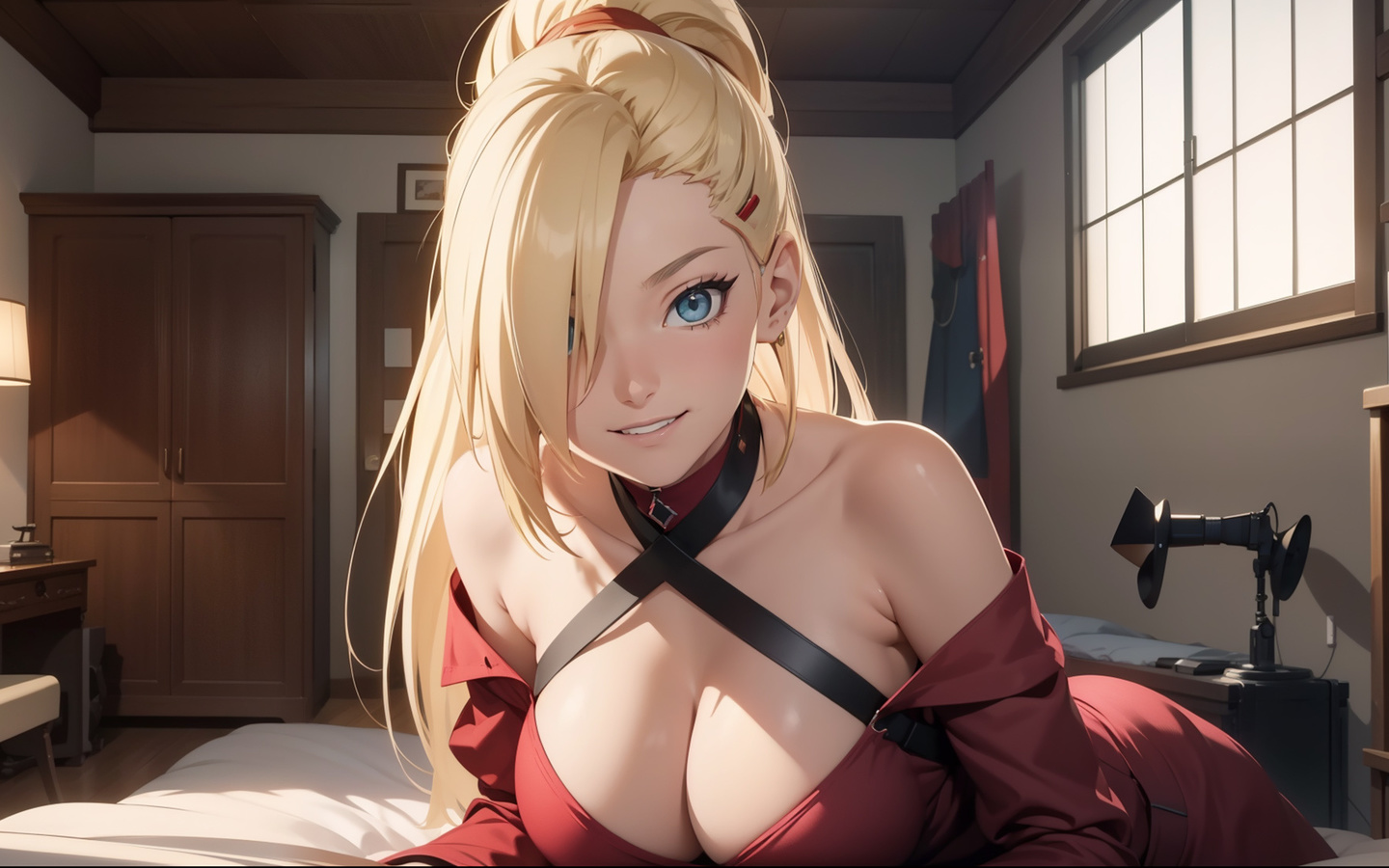 yamanaka ino, naruto, anime, naruto shippuden, blonde, fantasy girl, anime girls, ai art, blue eyes, red dress, women, 