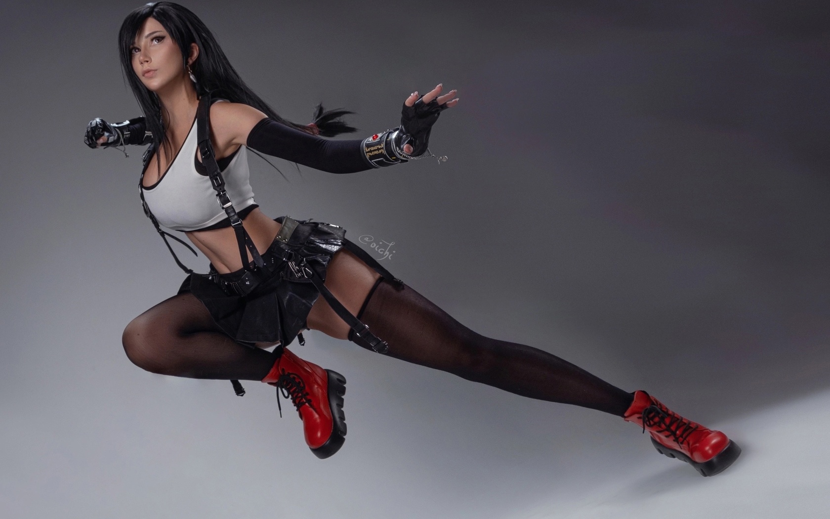 oichi, cosplay, vera andreeva, tifa lockhart, final fantasy, final fantasy vii: remake, final fantasy vii: advent children, brunette, studio, final fantasy vii, model, video game girls, , black stockings, gloves, red boots, women, , video gam