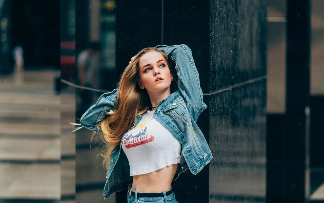 denim jacket, women, short tops, jeans, , women outdoors, blonde, urban, model