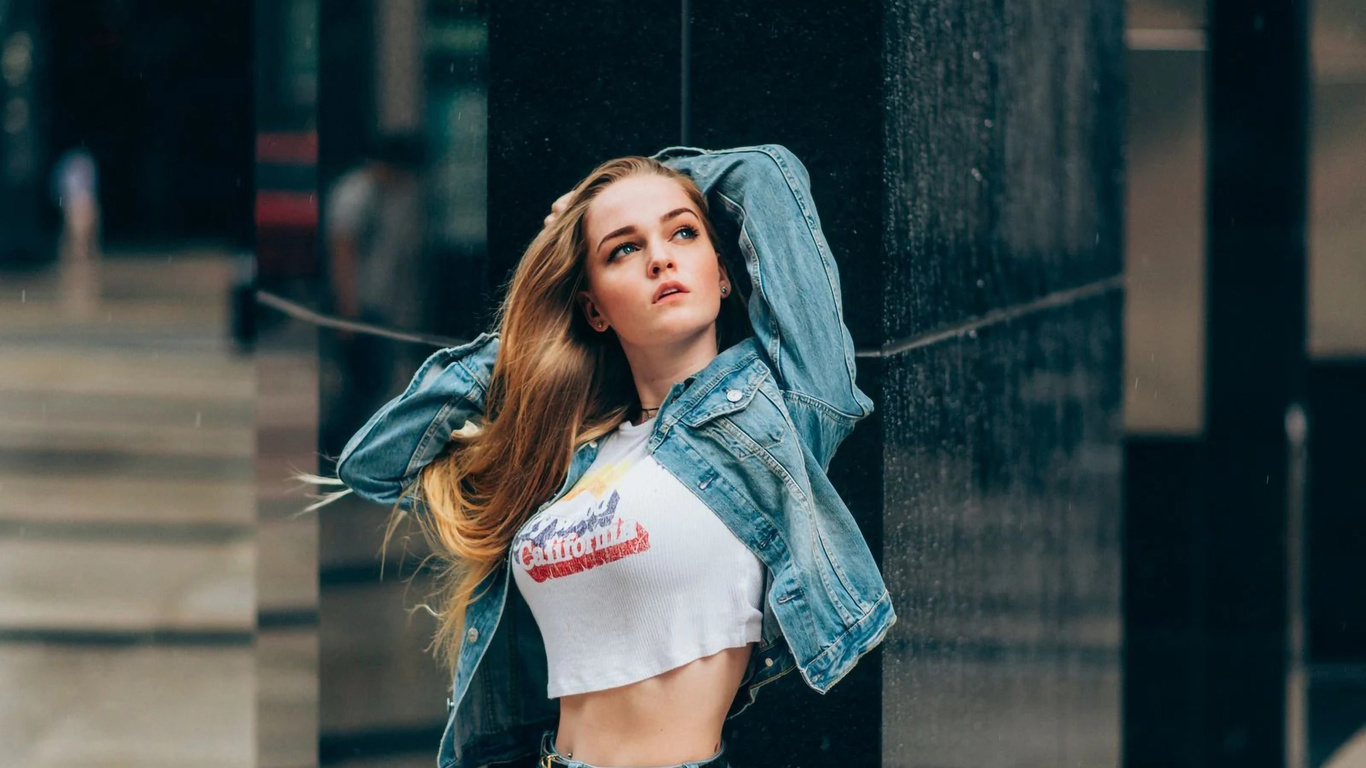 denim jacket, women, short tops, jeans, , women outdoors, blonde, urban, model