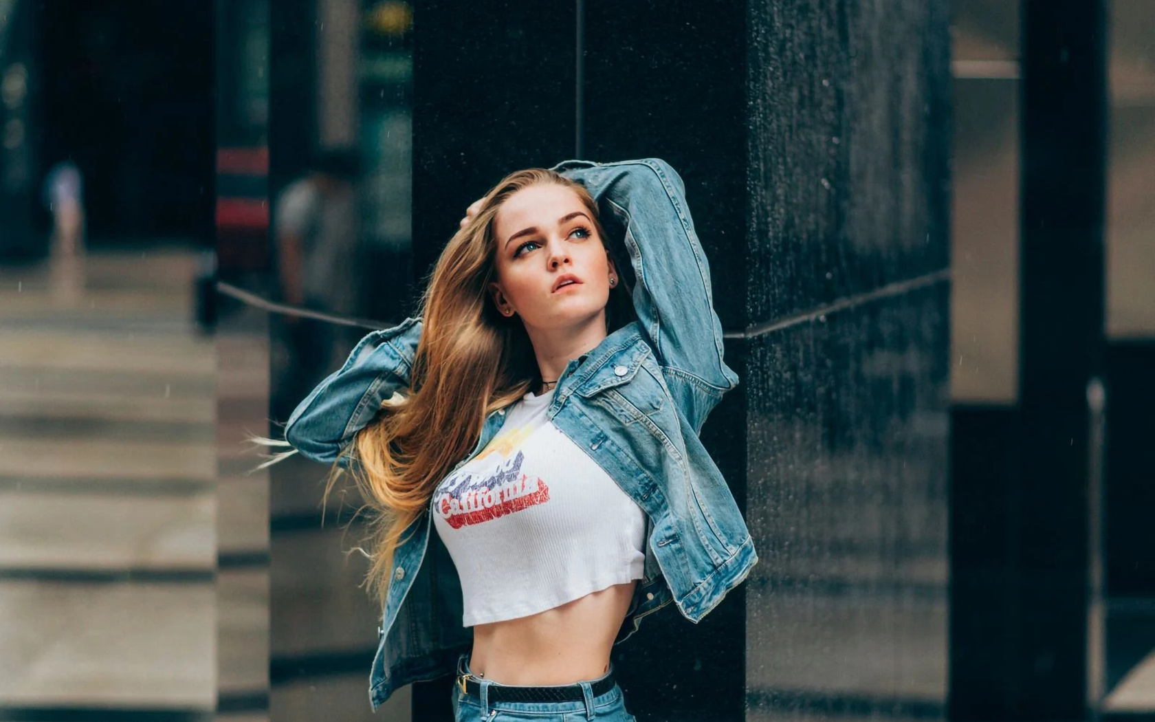 denim jacket, women, short tops, jeans, , women outdoors, blonde, urban, model