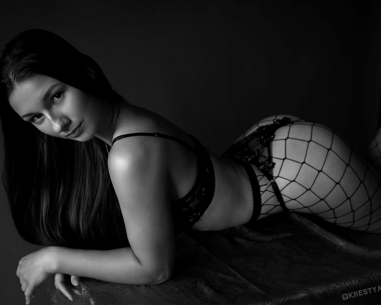furia luna, evgeniy krestyanov, monochrome, ass, brunette, , lingerie, fishnet pantyhose, bra, , model, thong, women indoors, women
