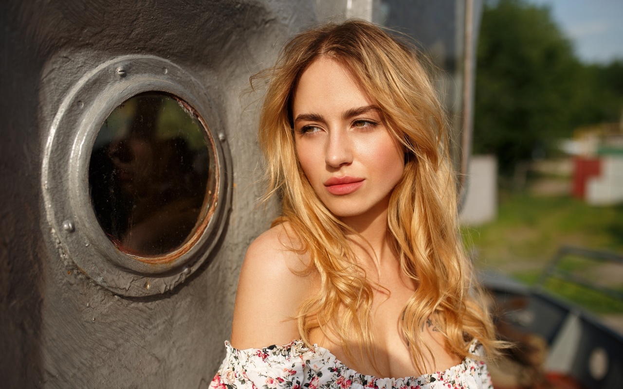 neckline, summer dress, anton papalutsa, model, , women outdoors, blonde, tattoo, trees, looking away, trees, women, sky, clouds